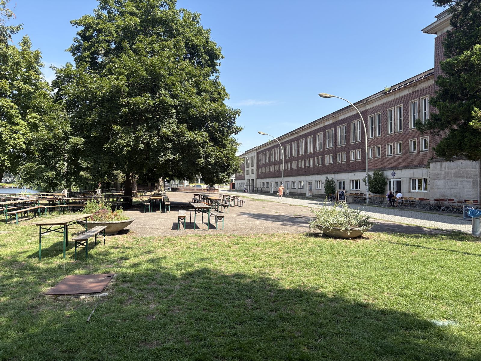 The lawn and benches by the Funkhaus building, where the camp goes